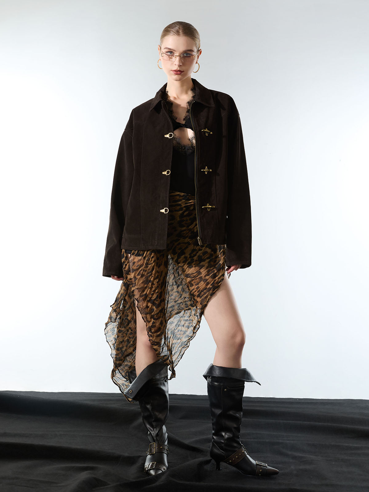 Retro Suede Bomber Jacket with Metal Button Lapel