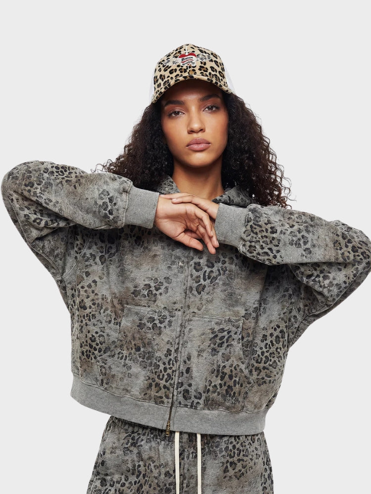 Leopard Print Vintage Washed Zip Hoodie Thick Cotton
