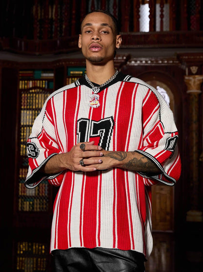 Revelse™ Vintage Striped Baseball Knit Sweater Red
