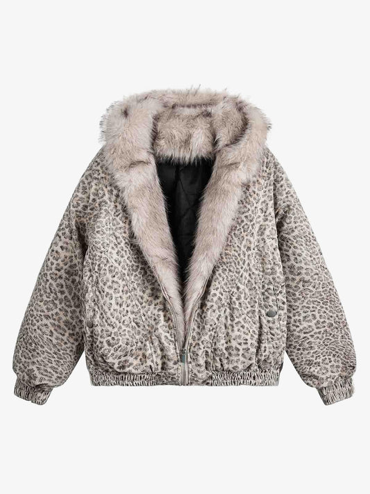 Cheetah Print Hooded Jacket with Faux Mink Fur Trim