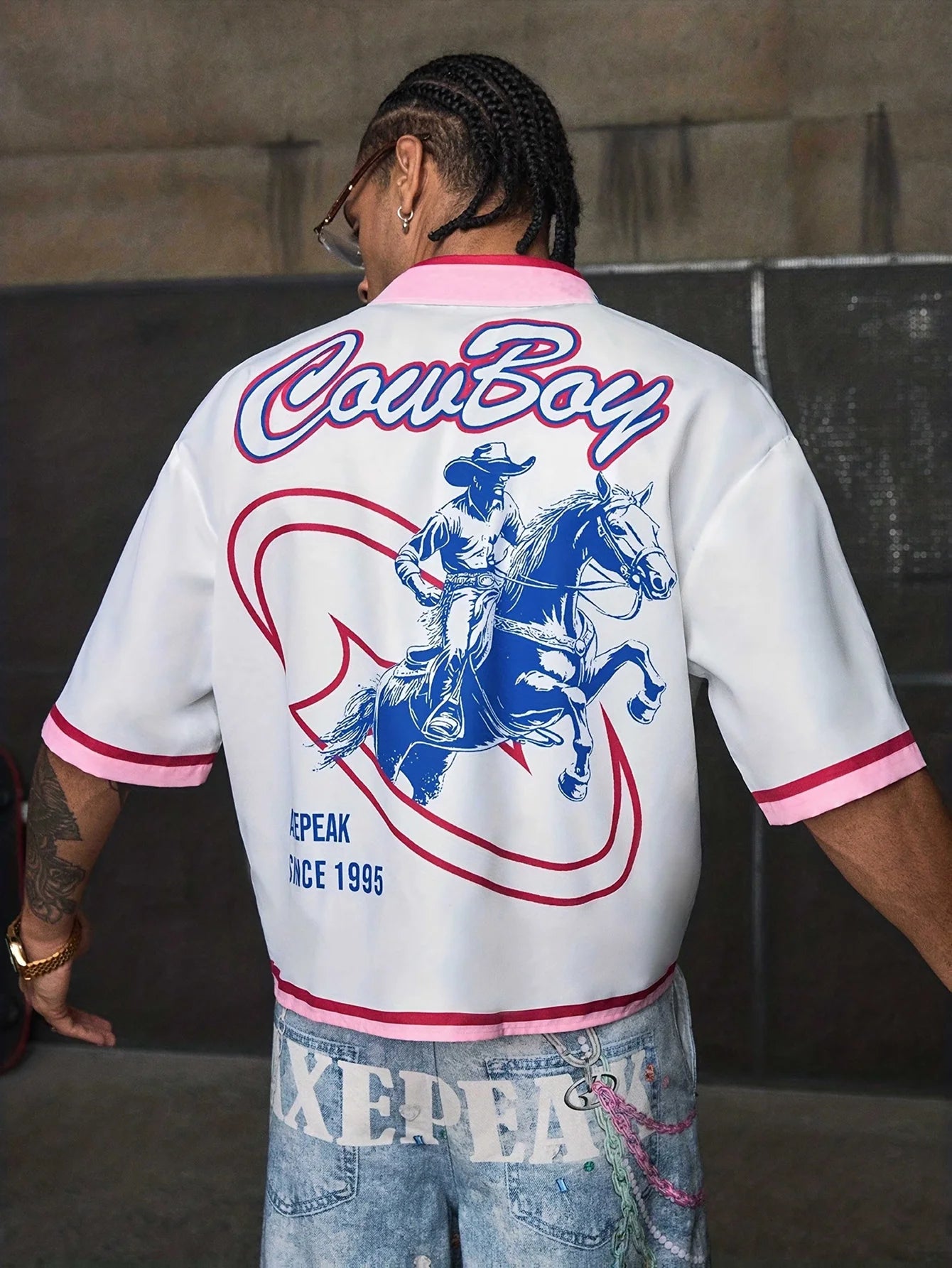 Men's Denim Print Crop Shirt Short Sleeve Casual