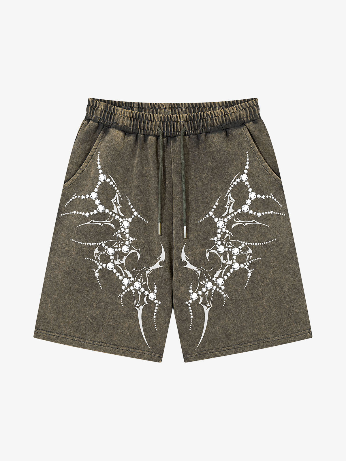 Side view of distressed rhinestone shorts for women