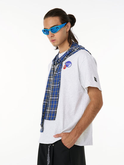 Plaid Jersey Knit Hooded Cape T-Shirt with Detachable Badge