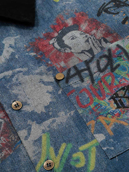 Tie-Dye Denim Polo T-Shirt with Graffiti Print