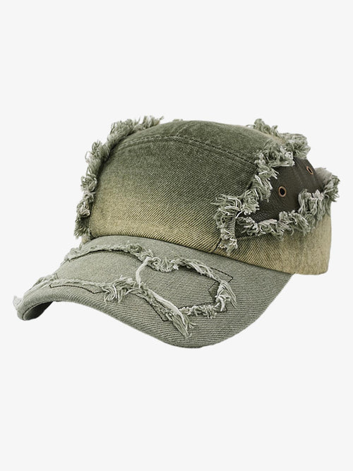 Front view of ripped denim baseball cap in washed cotton