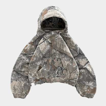 Camouflage Zip-Up Hoodie with Woodland Print