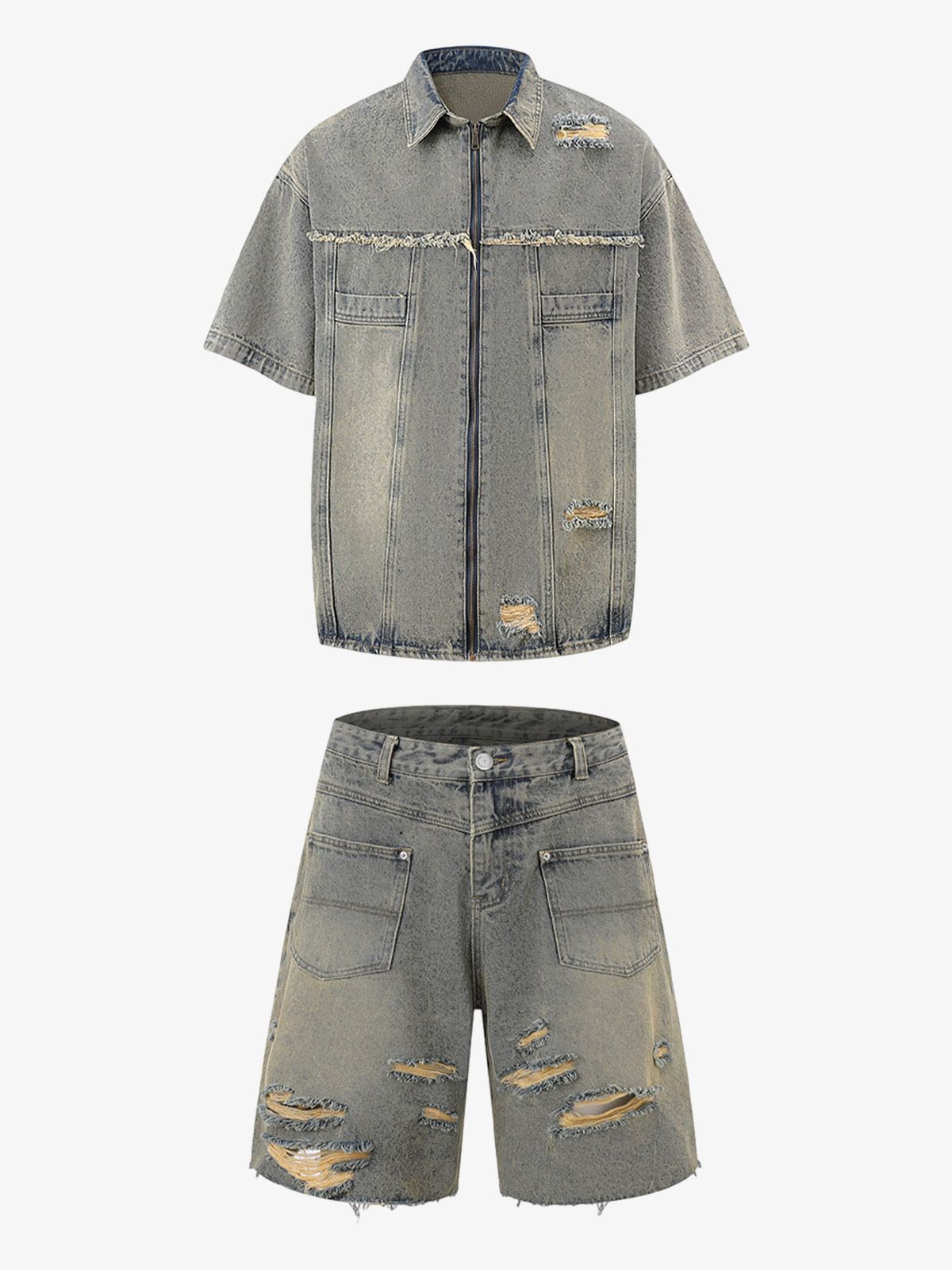 Men's Ripped Distressed Denim Jacket and Pants Set
