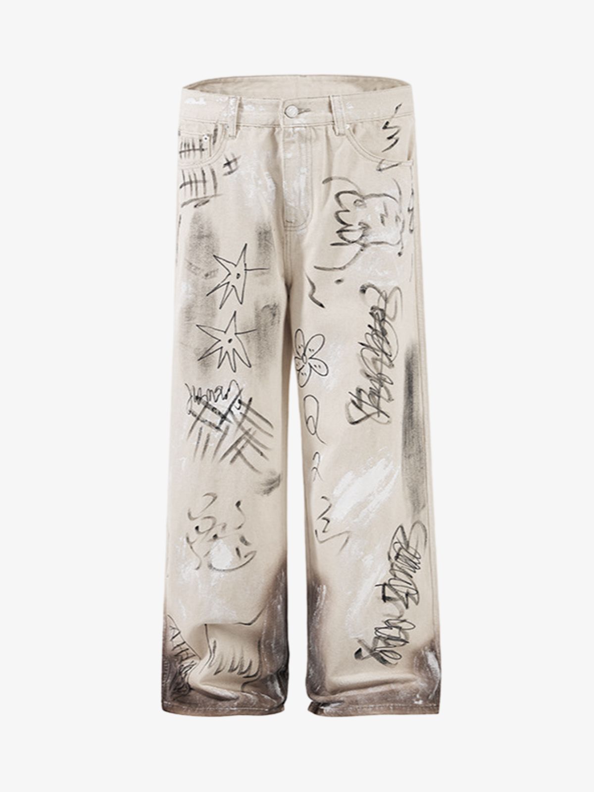 Distressed graffiti baggy jeans with an elastic waist