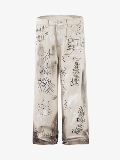 Distressed graffiti baggy jeans with an elastic waist