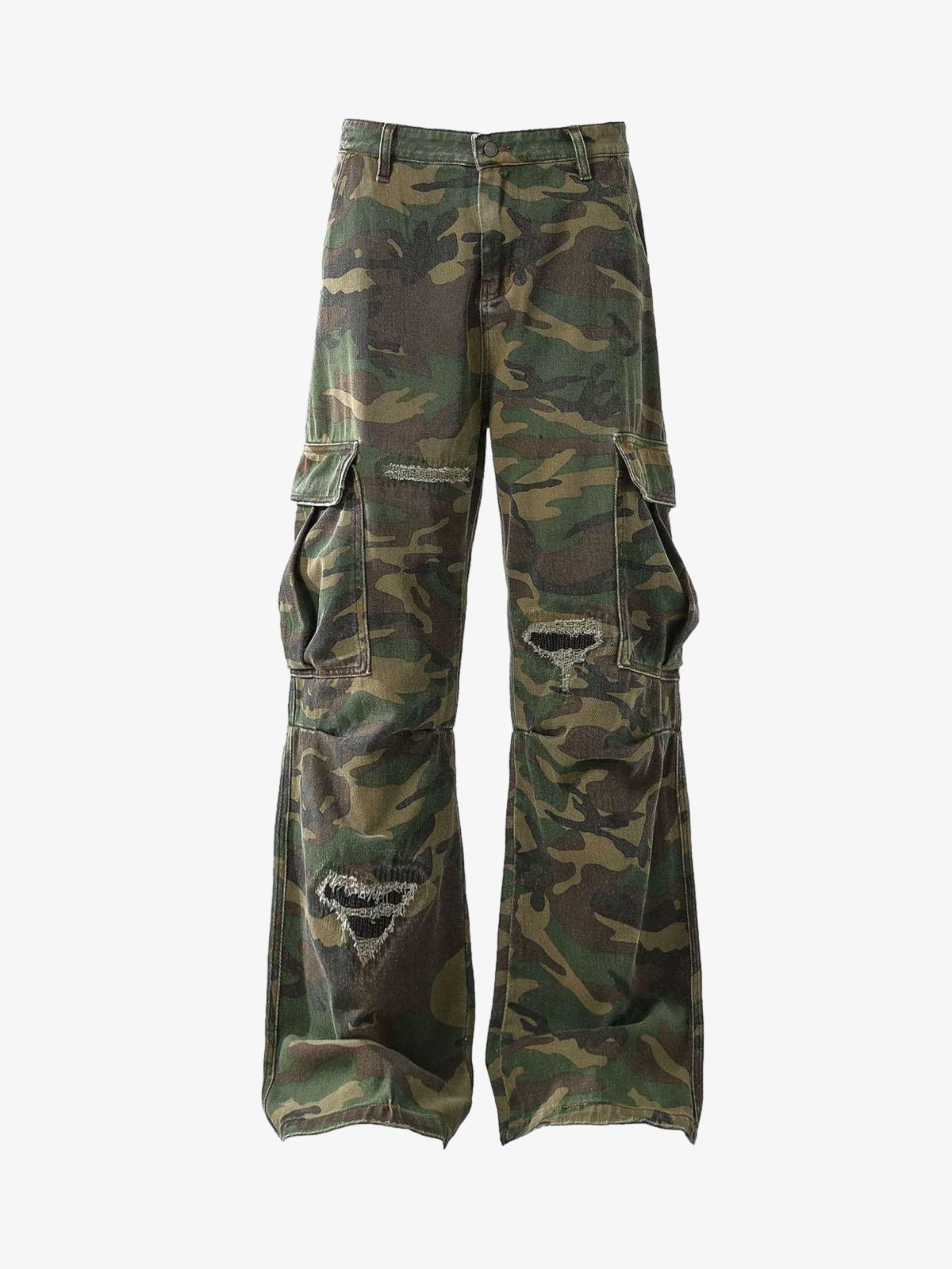 Woven Ripped Camouflage Cargo Baggy Pants