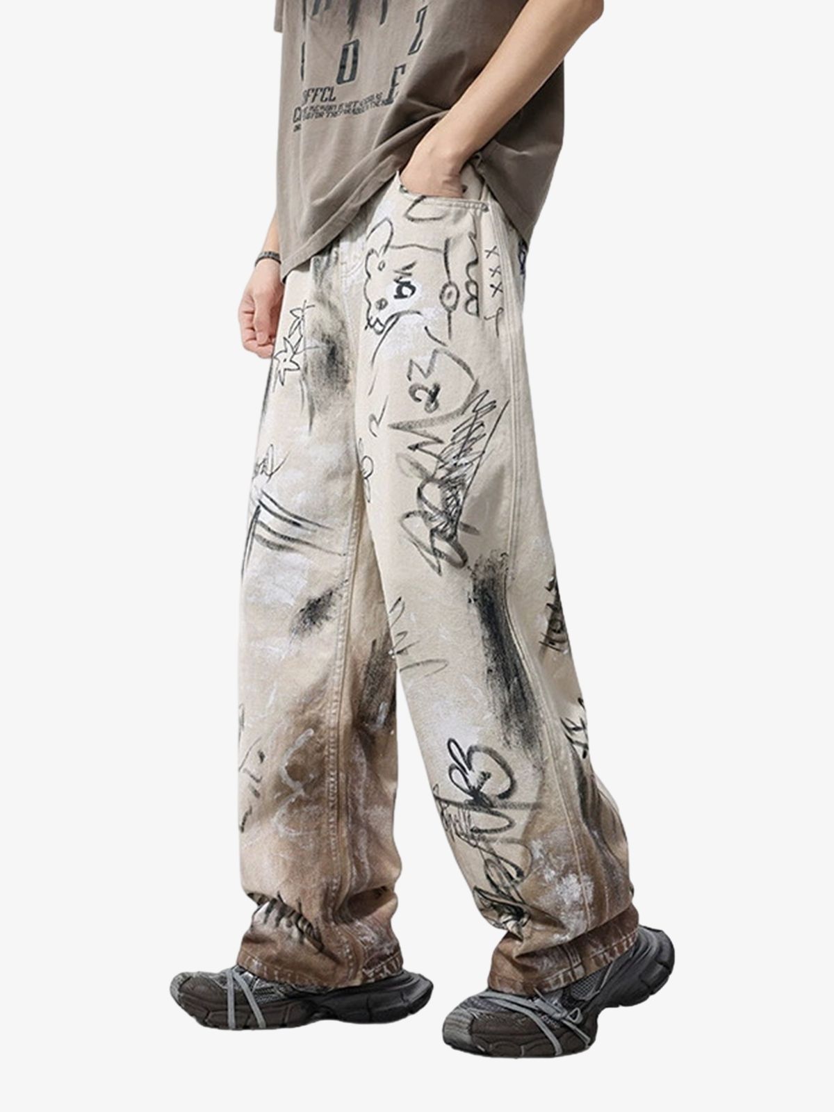 Front view of distressed graffiti jeans with a relaxed baggy fit