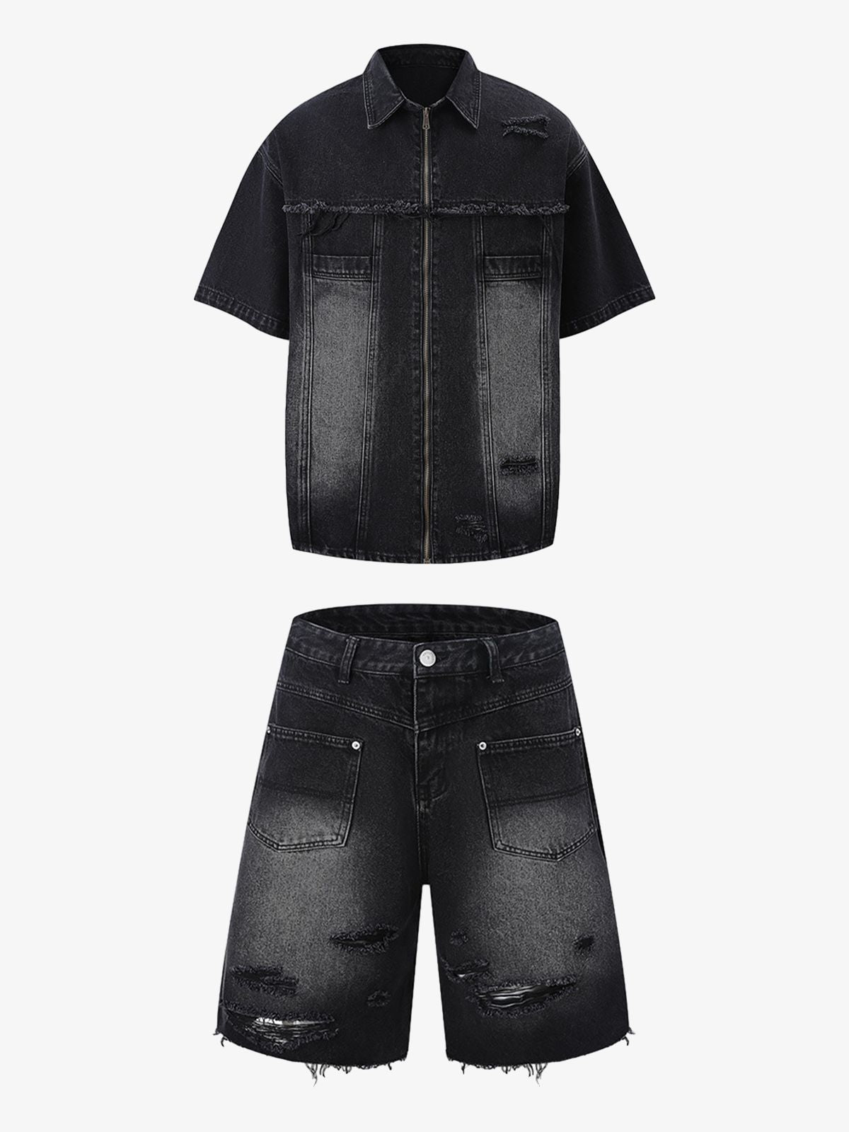 Men's Ripped Distressed Denim Jacket and Pants Set