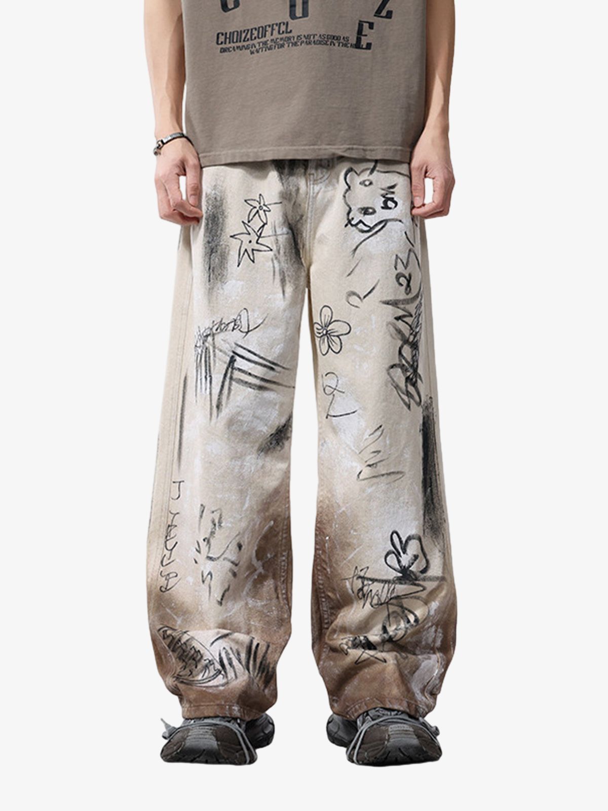 Side view of baggy jeans with graffiti print and casual styling