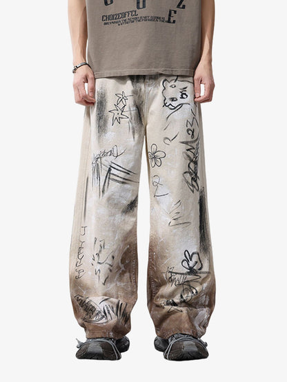 Side view of baggy jeans with graffiti print and casual styling