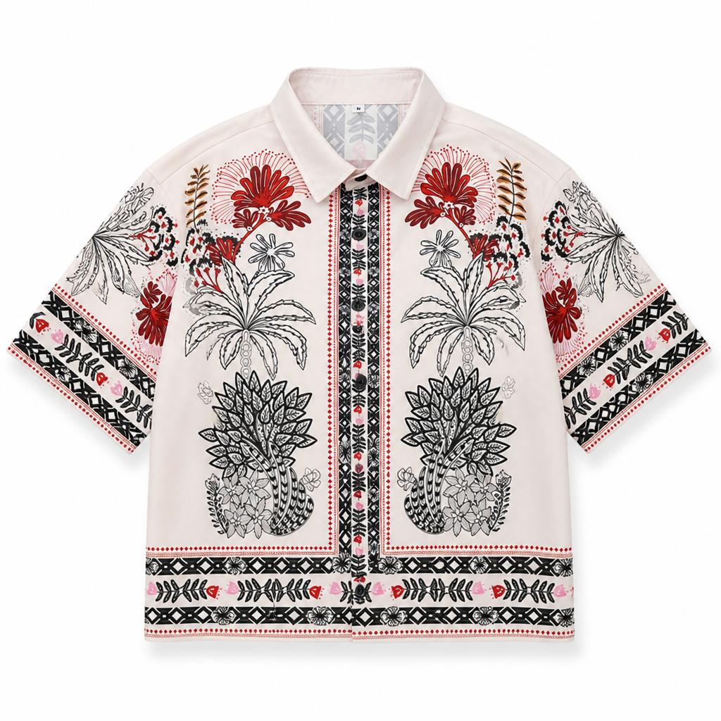 Ethnic Pattern Boxy Fit Short Sleeve Shirt White