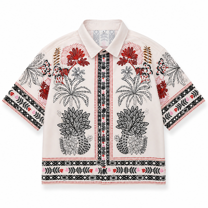 Ethnic Pattern Boxy Fit Short Sleeve Shirt White
