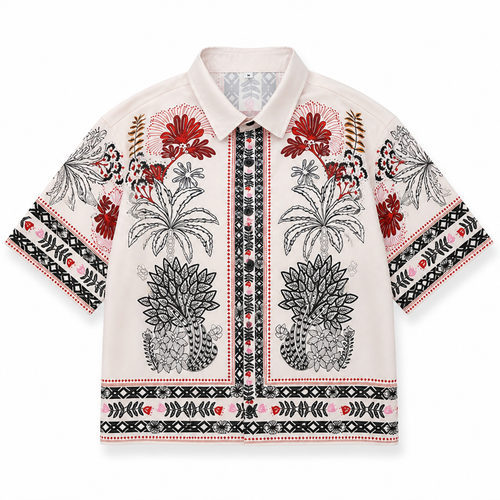 Ethnic Pattern Boxy Fit Short Sleeve Shirt White