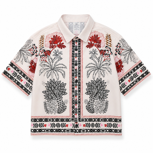 Ethnic Pattern Boxy Fit Short Sleeve Shirt White