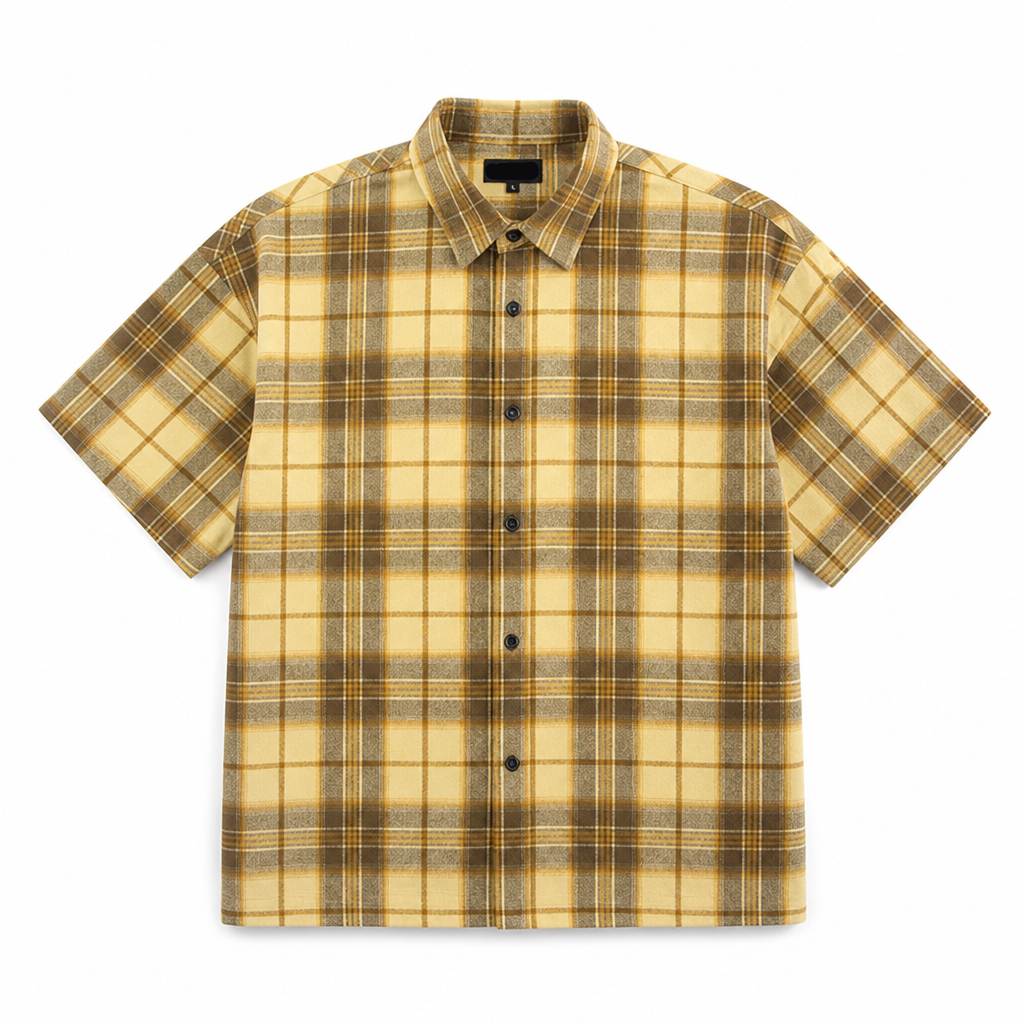 Men's Short Sleeve Checkered Polyester Shirt Yellow