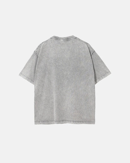 Oversized grey graphic T-shirt styled with a relaxed streetwear fit