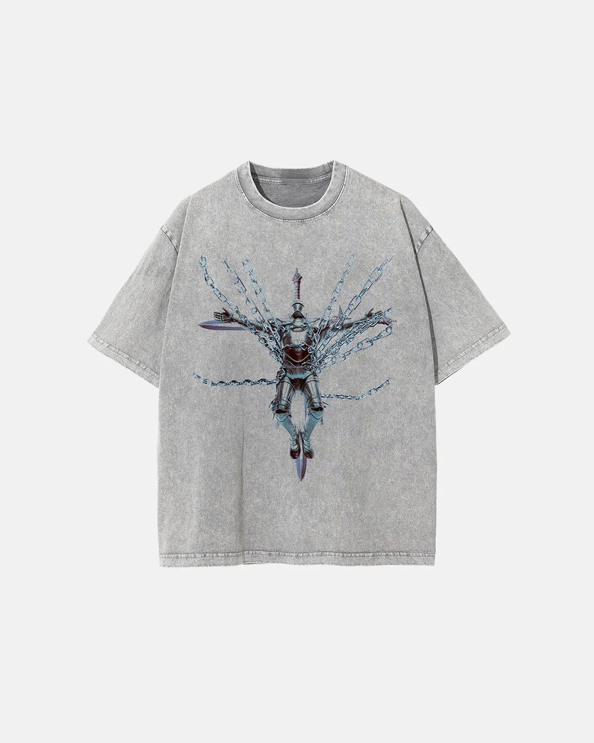 Oversized grey cotton graphic T-shirt with acid wash finish, front view