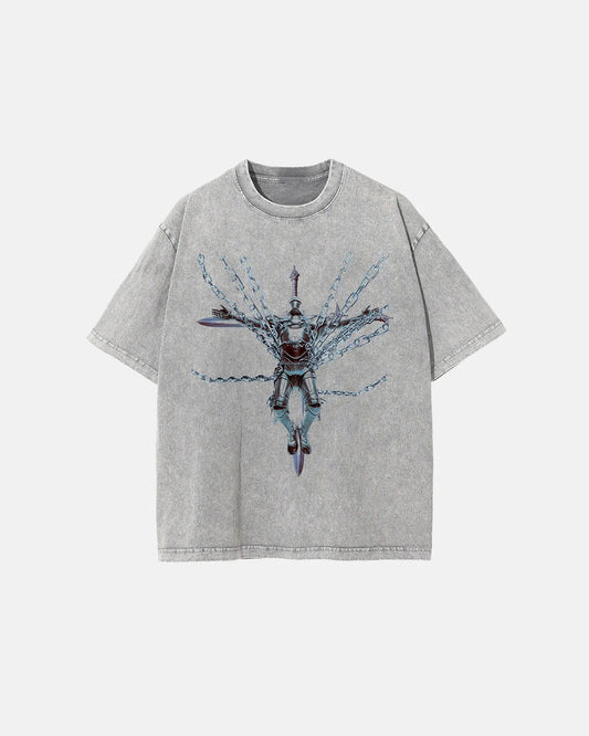Oversized grey cotton graphic T-shirt with acid wash finish, front view