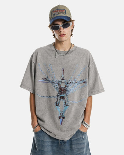 Oversized grey cotton graphic T-shirt with acid wash finish, back view