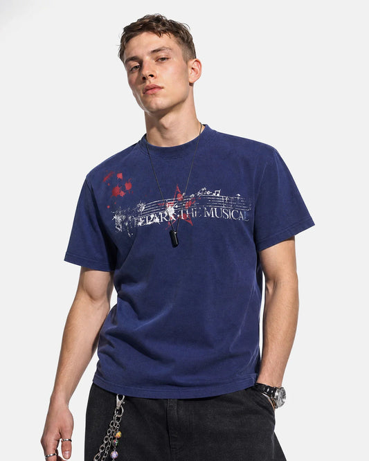 Front view of acid wash music graphic T-shirt in washed black