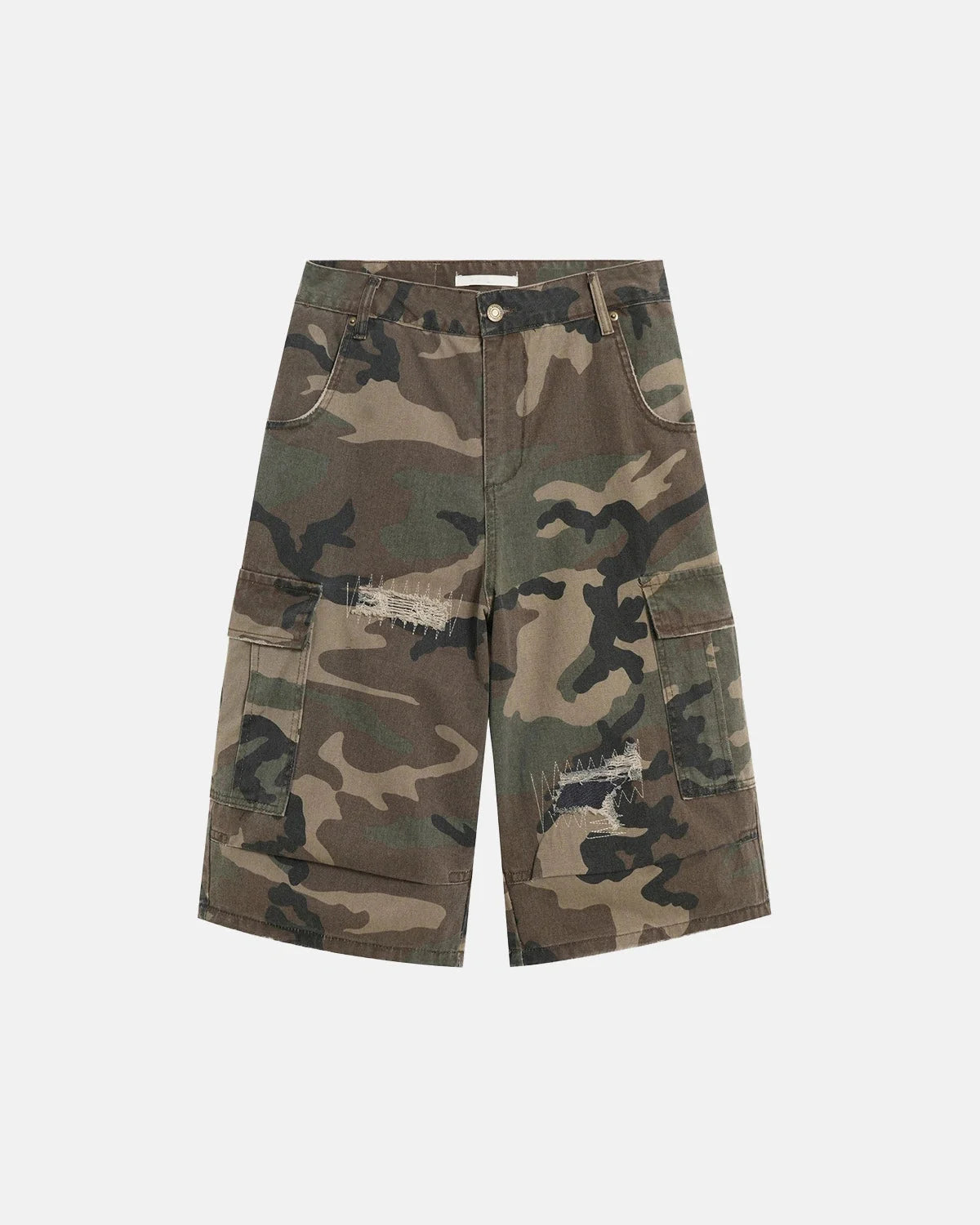Distressed camouflage cargo shorts with multiple utility pockets