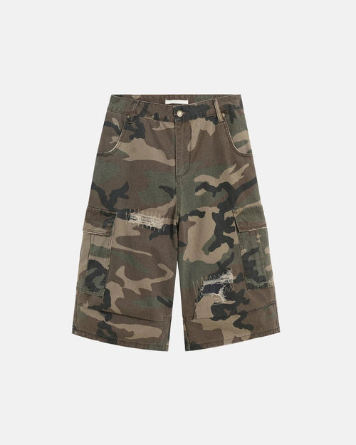 Distressed camouflage cargo shorts with multiple utility pockets