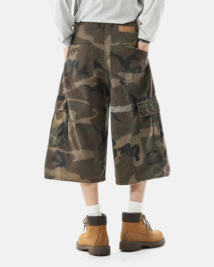 Side view of camo cargo shorts showing spacious cargo pockets
