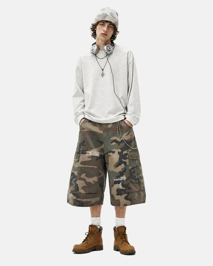 Rear view of distressed camouflage cargo shorts