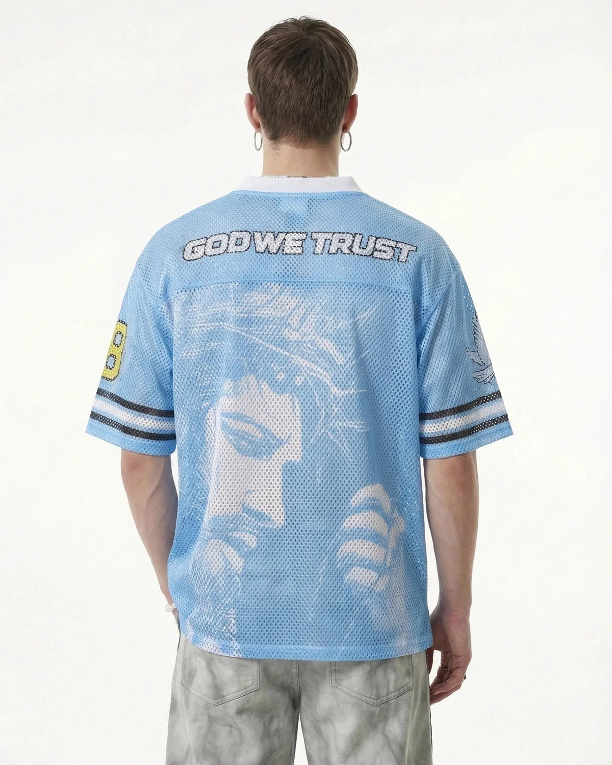 Breathable mesh fabric detail on the dove graphic football jersey