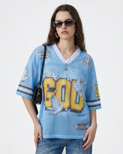 Side view showing the fit of the dove graphic football jersey
