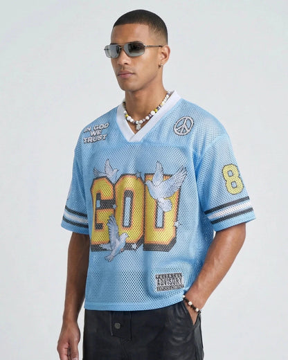 Neckline and sleeve detail of the mesh football jersey