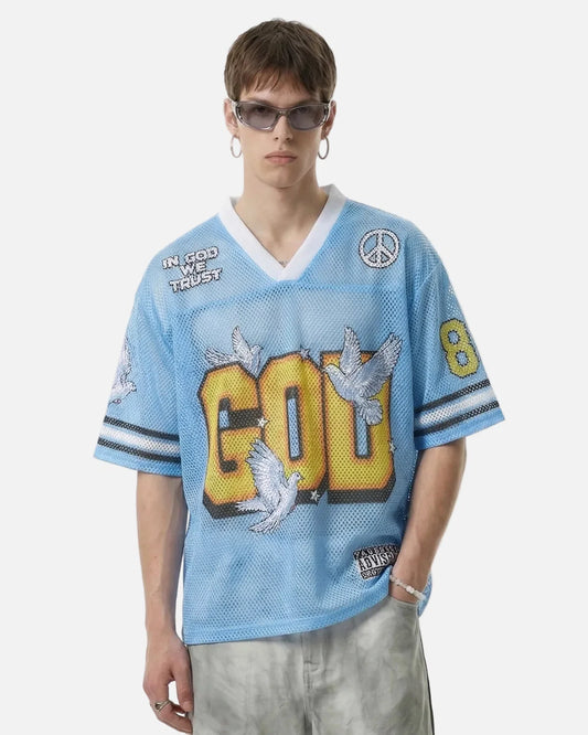 Dove graphic mesh football jersey shown from the front
