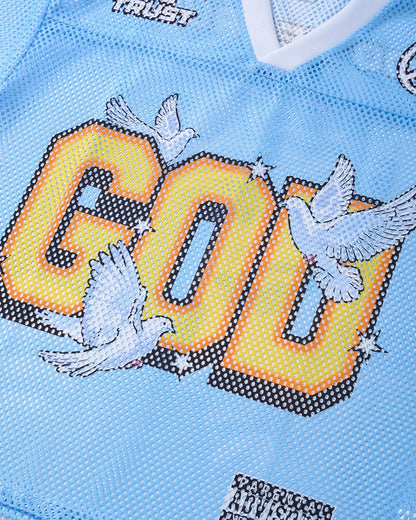 Mesh texture and printed dove design on the football jersey