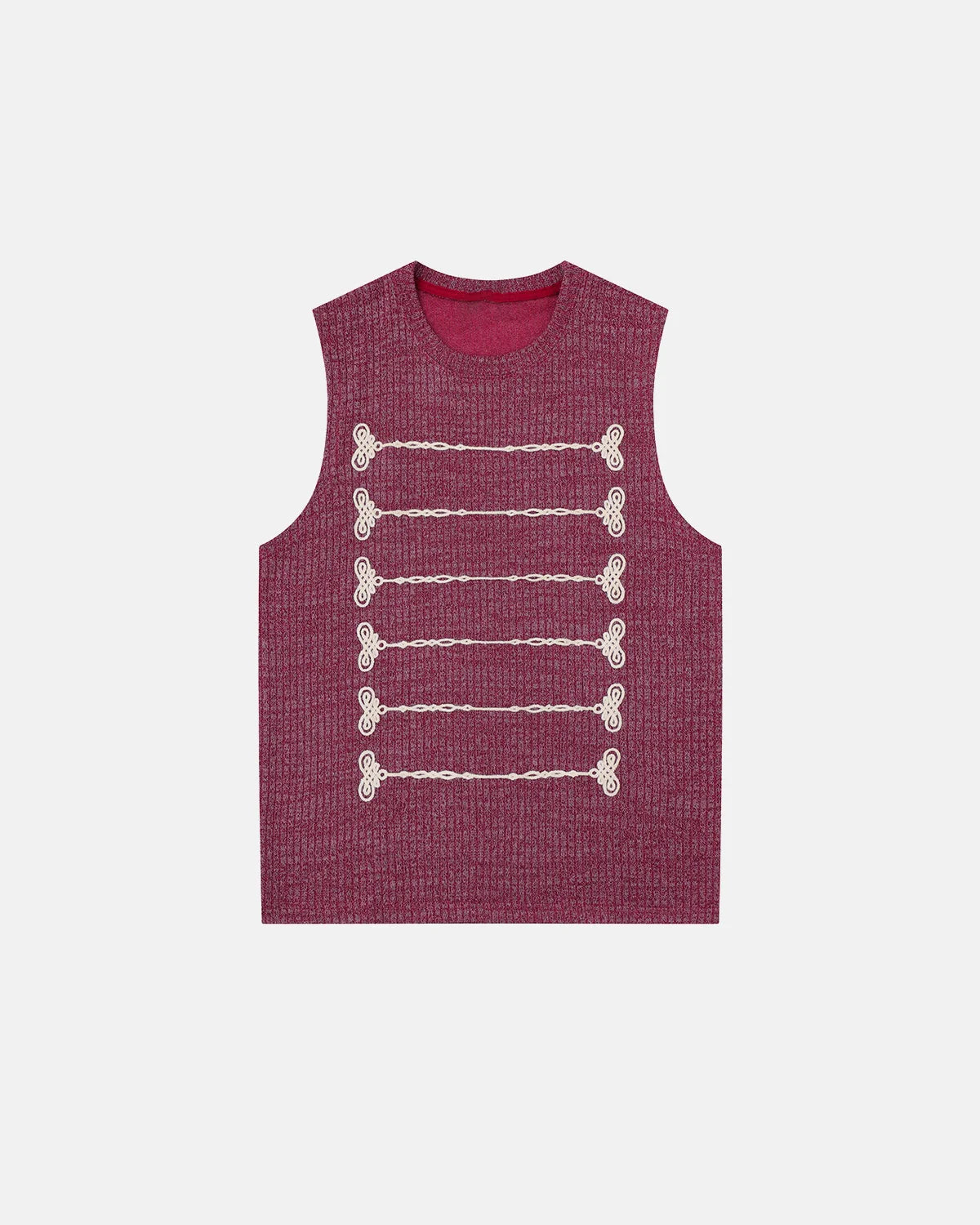 Side view of soft knit tank top with embroidered detail