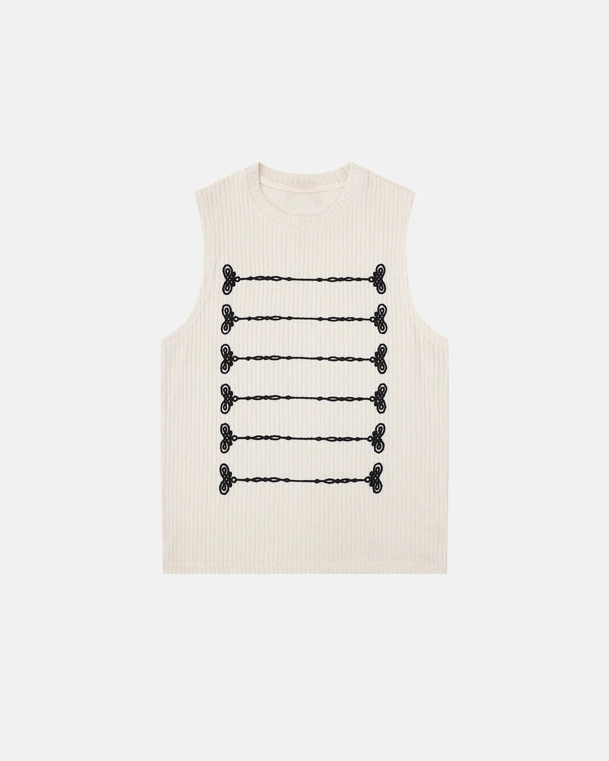Model wearing embroidered knit tank top with everyday outfit