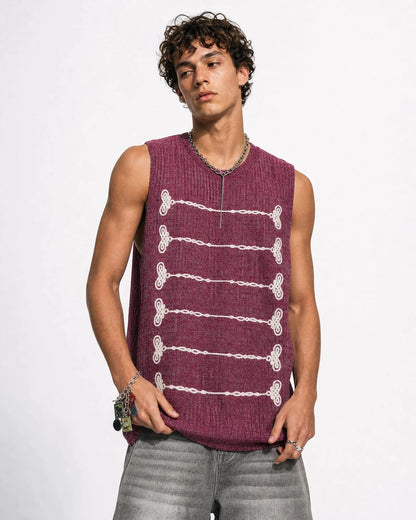 Neckline detail of embroidered knit tank top