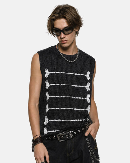 Sleeveless embroidered knit tank top shown on a model