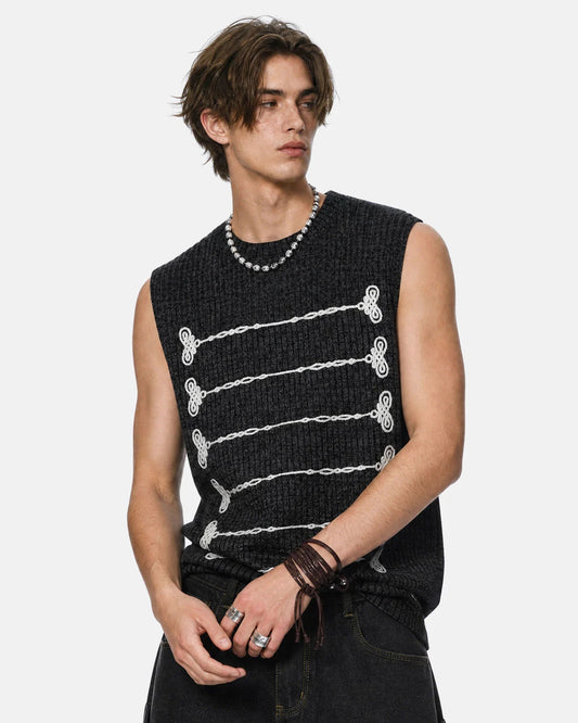 Front view of embroidered knit tank top for everyday streetwear