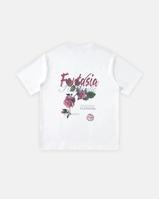 Front view of floral back print cotton T-shirt in soft cotton