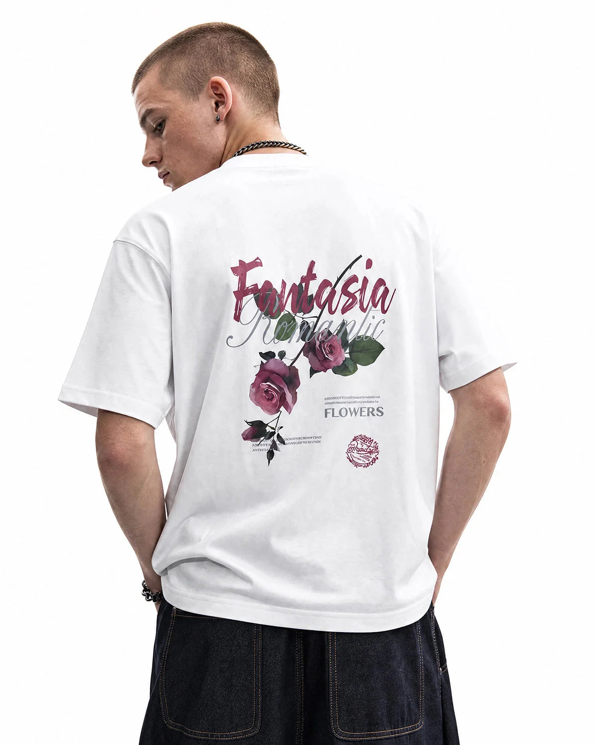 Side view of relaxed fit floral back print cotton T-shirt