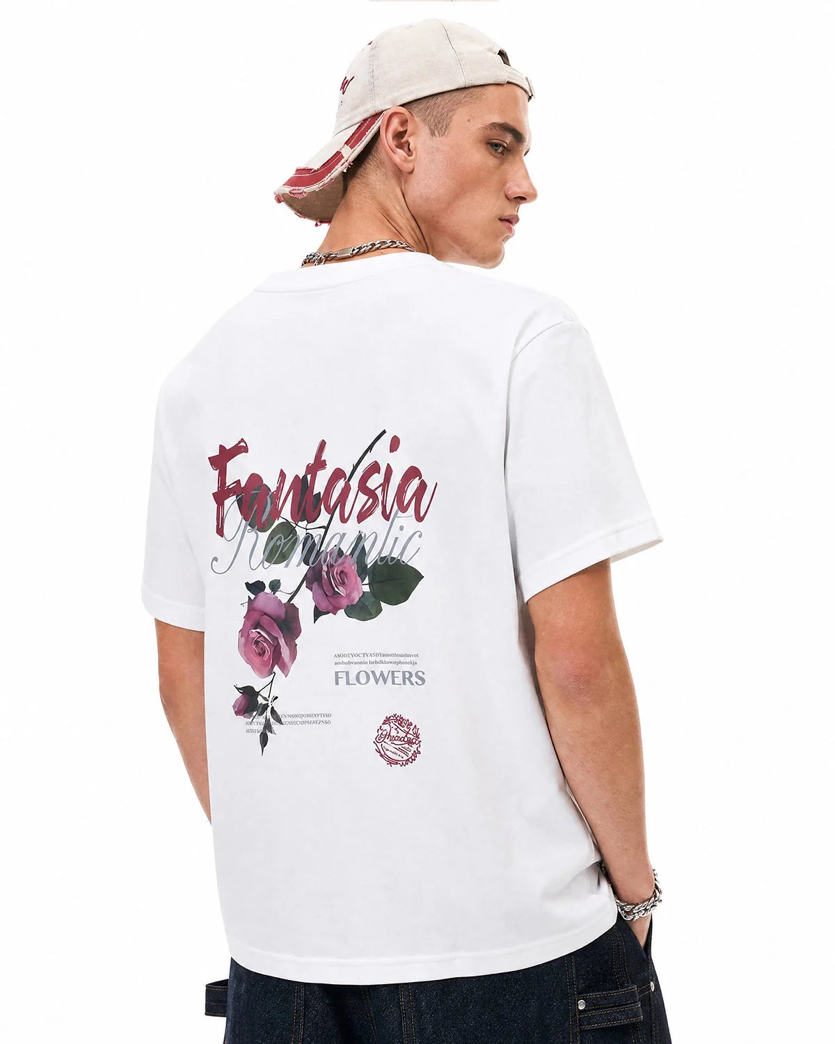 Back view of cotton T-shirt with large floral graphic print