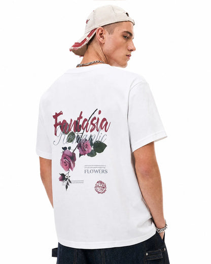 Back view of cotton T-shirt with large floral graphic print