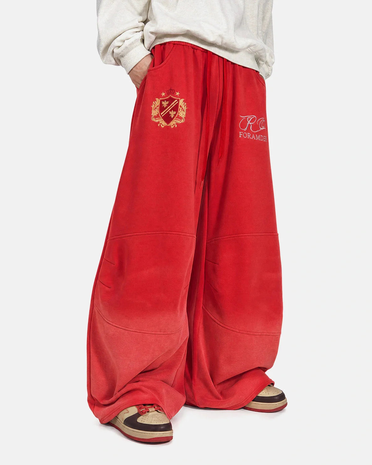 Waistband detail of gothic washed barrel-leg sweatpants with drawstring