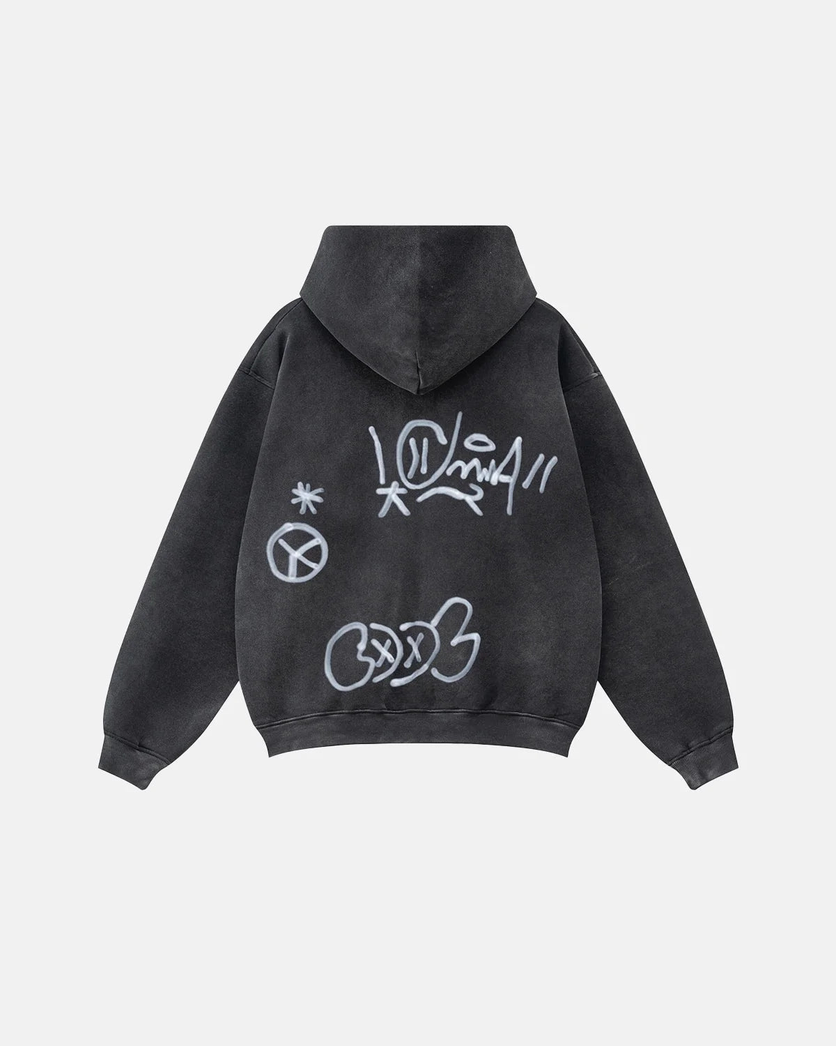 Hoodie front showing graphic graffiti design and drawstring hood