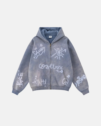 Washed Graffiti Zip-Up Hoodie