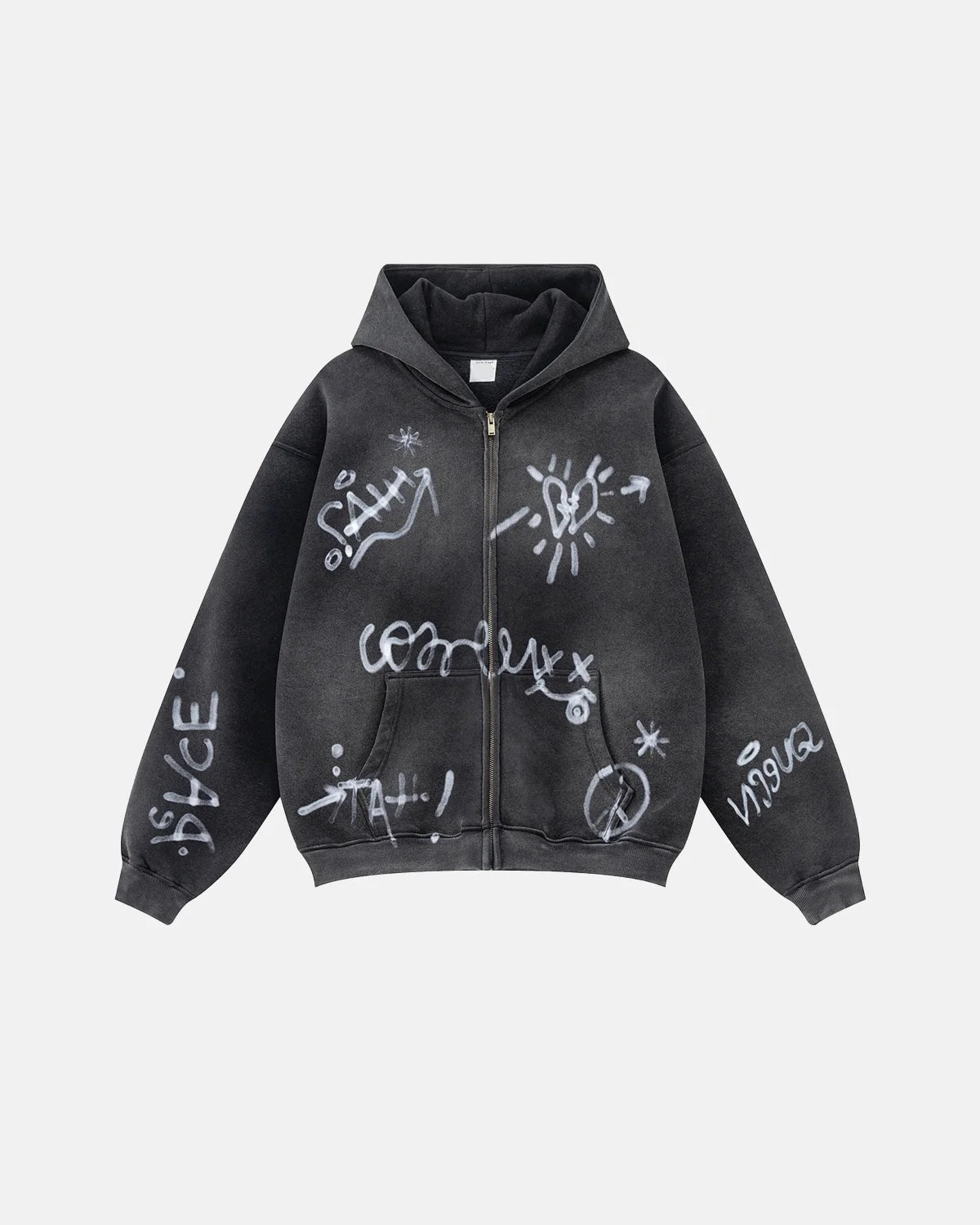 Close-up of graffiti print on washed hoodie fabric